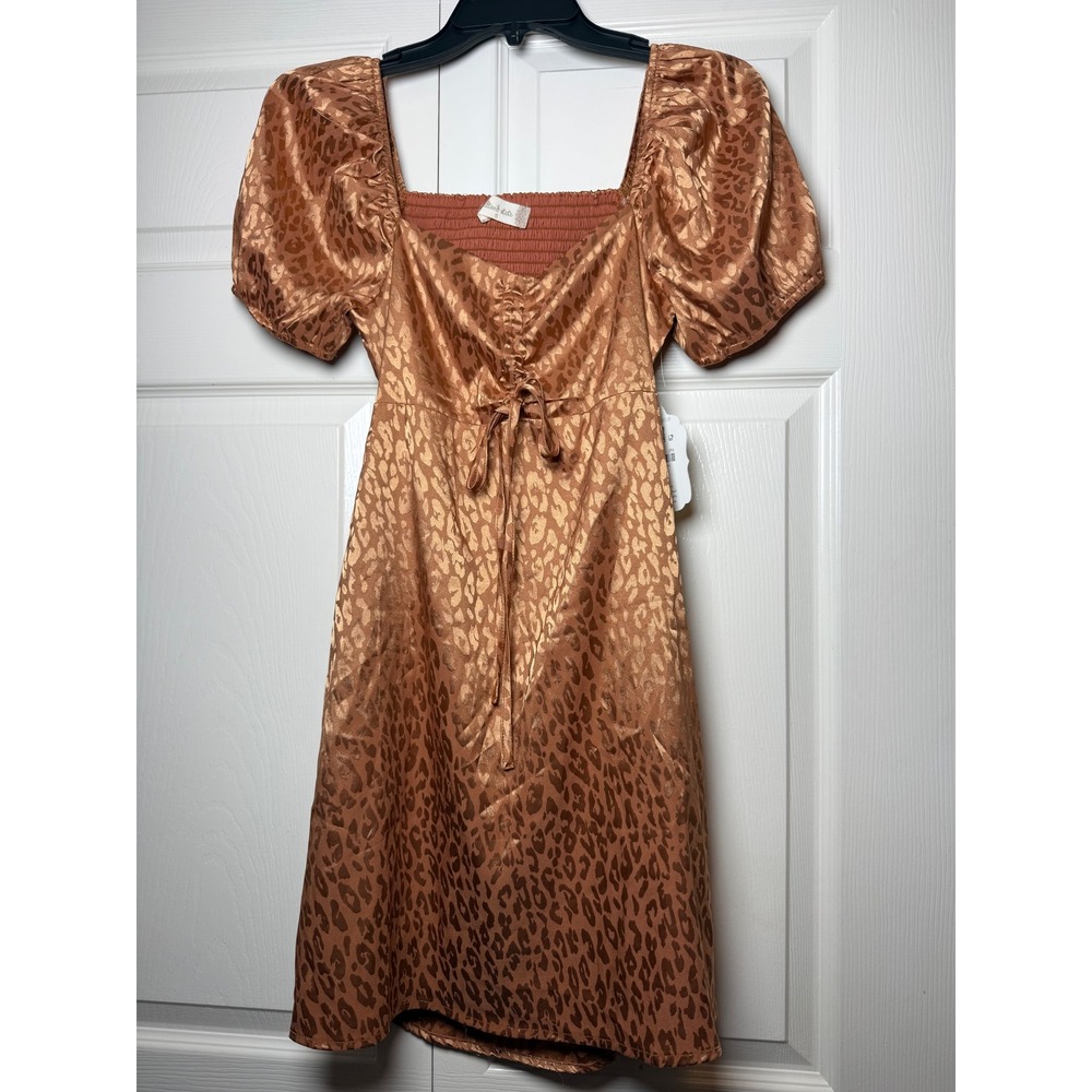 Altar'd State Copper Leopard Satin Puff Sleeve Mini Dress Small NWT
